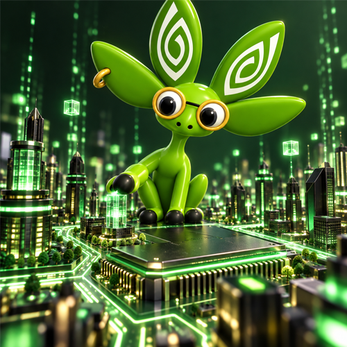 Nvidia Mascot perched on a glowing processor above a neon city