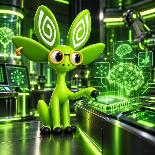 Nvidia Mascot in a futuristic laboratory pointing at a neural hologram