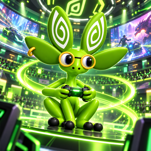 Nvidia Mascot holding a controller in a neon gaming arena